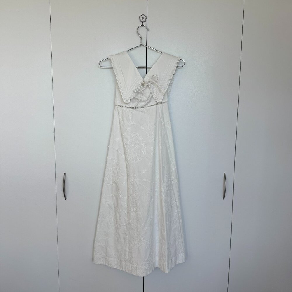 DAMSON MADDER Fan Fan Midi Dress in White Eyelet Removable Collar Versatile